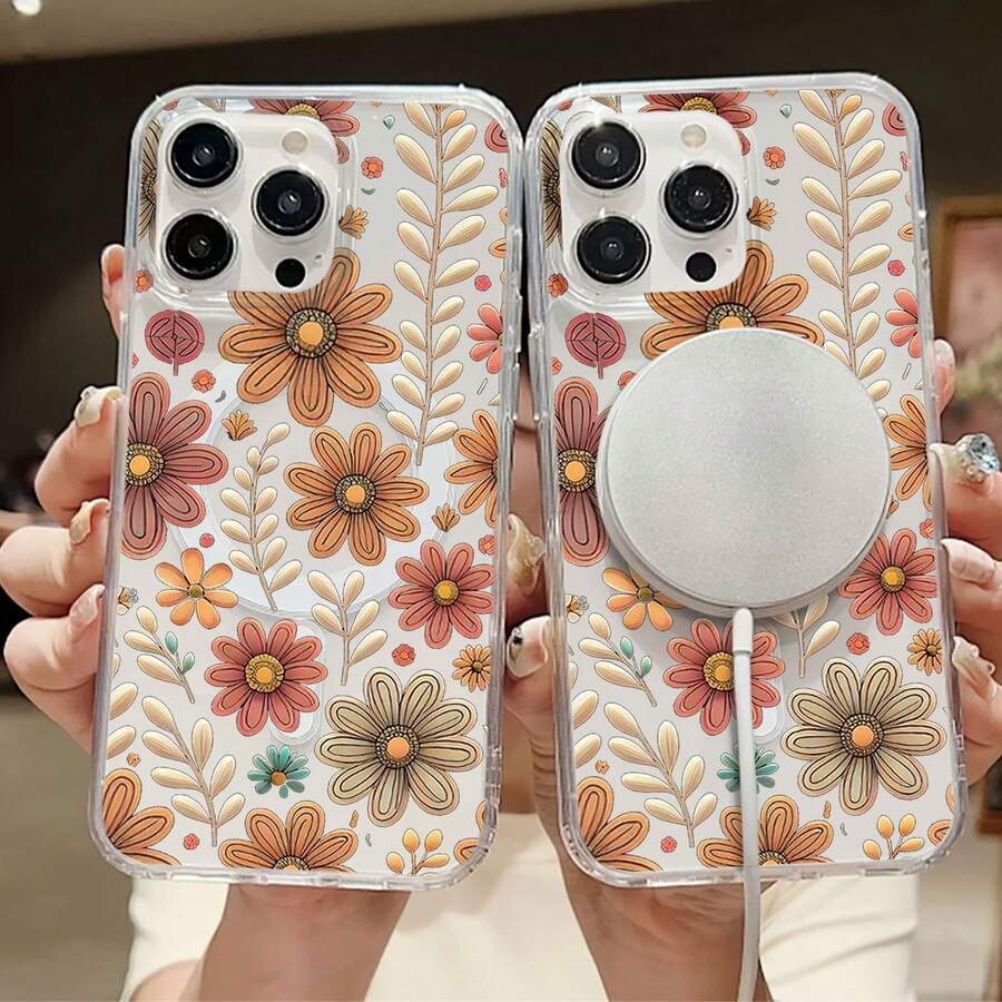 Flower Power Floral Pattern Phone Case Compatible With Samsung Magnetic Phone Cases 17 16 Pro Max 15 Pro Max 13 And 12 Made Of TPU Material Providing Shock And Drop Protection A Great Gift For Family Friends Loved Ones Boyfriends/Girlfriends And For Christmas - Clear - View 1