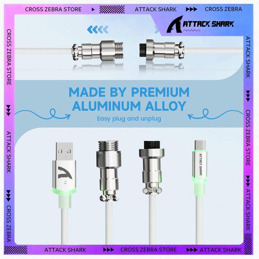 ATTACK SHARK C01 ULTRA Spiralkabel mit USB-C Anschluss, doppelt ummantelt mit RGB-Beleuchtung, abnehmbarer Metallstecker, Typ-C zu USB-A Kabel für mechanische Gaming-Tastaturen, Konsolen, PC, Geschenk, Feiertage, Geschenk für Familie - Weiß/Grau/Rot/Schwarz/Pink - Verschiedenfarbig - Übersicht 1