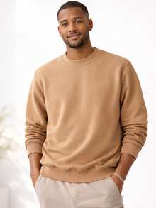 Men's Crew Neck Fleece Sweatshirt, Thick Winter Coat, Cotton - Beige - View 3