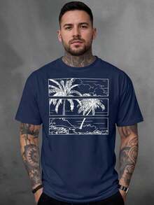 Men's T-Shirt, 100% Cotton, Palms Print - 藏蓝色 - 查看 1