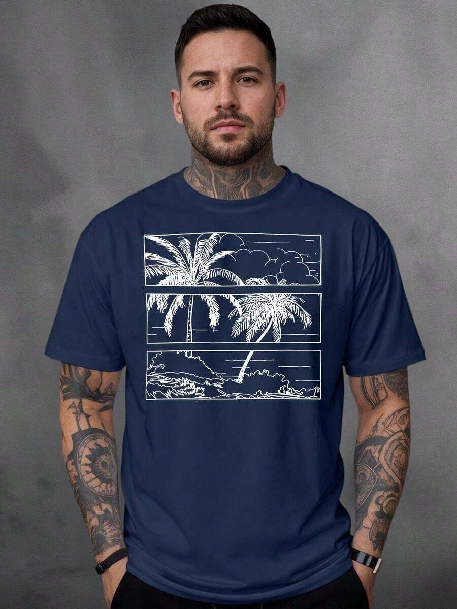 Men's T-Shirt, 100% Cotton, Palms Print - 藏蓝色 - 查看 1