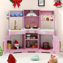 Pretend Play Kitchen For Kids Toddler Aged 3+ Wooden Toy Set With Range Hood White/Brown - Pink - View 8