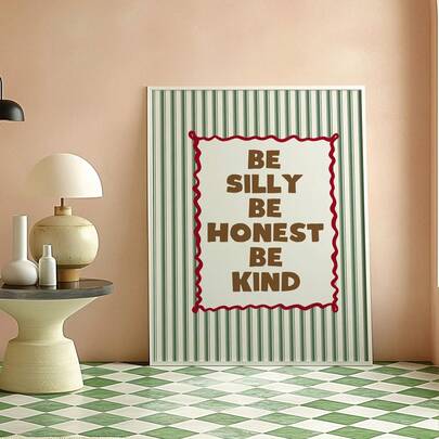 1pc Frameless "Be Silly, Be Honest, Be Kind" Wavy Border Art Print Striped Typography In Red Brown Green Vintage Rustic Quote Poster Minimalist Aesthetic Wall Decor Prints For Wall Room Decor Bedroom Dorm Essentials College Room Inspirational Gift Living Room Home Decoration