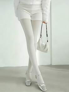 1 Pair Women's White Elastic Skinny Leggings, Fleece Lined, Suitable For Spring And Autumn - White - View 8
