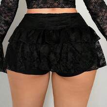 Women's Lace Ruffle Hem Gathered Waist Mini Skirt, Cute Cake Skirt Style, Suitable For Party, Outing, Club - Black - View 7