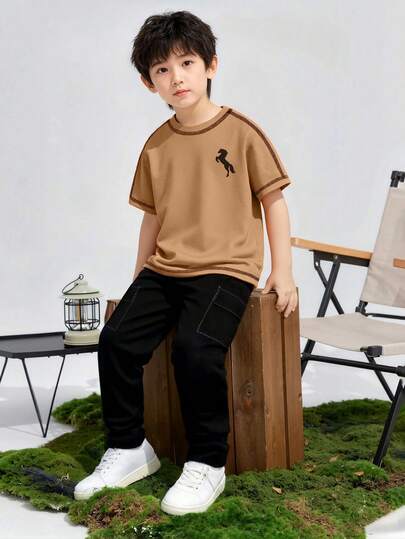 2pcs Toddler Boys' Summer Short Sleeve T-Shirt And Shorts Set, Cartoon Horse Print, Black Trim Design Round Neck Tee, White Contrast Stitching Cargo Pants, Fashionable Casual Outfit For Weekend, School