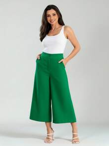 Women's Linen Capri Midi Pantacourt Trousers With Buttons, Wide Leg, Flare, High Waist, Casual Style - 綠色 - 查看 1