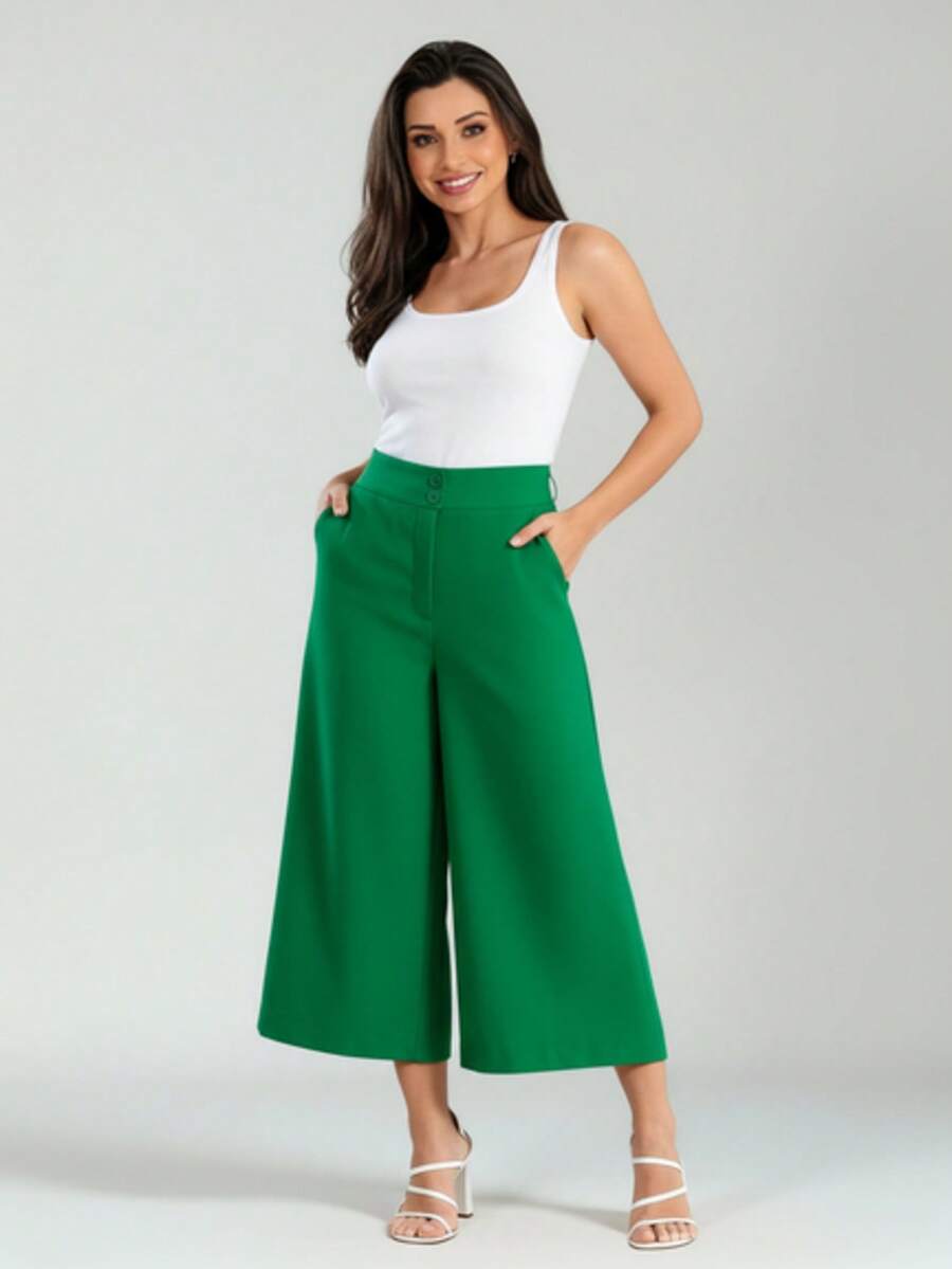 Women's Linen Capri Midi Pantacourt Trousers With Buttons, Wide Leg, Flare, High Waist, Casual Style - 綠色 - 查看 1