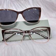 Women's Adult Clip-On Glasses, Acetate Nylon, 2 In 1, Square, Size M, BL8007 - marrom - 查看 1