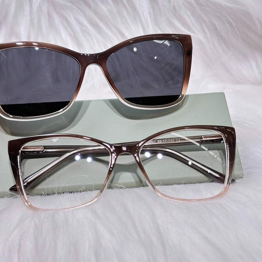 Women's Adult Clip-On Glasses, Acetate Nylon, 2 In 1, Square, Size M, BL8007 - marrom - 查看 1