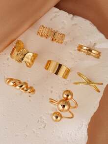 7Pcs Edgy Golden Ring Set, Multi - Style Stackable Rings With Twisted Chain, Bead & Textured Designs, Women's Hip - Hop Fashion Jewelry For Layering - Yellow Gold - View 4