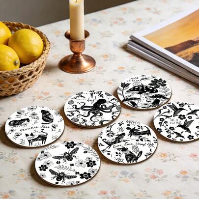 6/18/90 szt. Minimalistyczne drewniane podstawki ze wzorami zwierząt i roślin, odporne na ciepło podkładki ochronne na blat stołu, odpowiednie do stawiania kawy lub herbaty, idealne do dekoracji jadalni, salonu i kuchni
