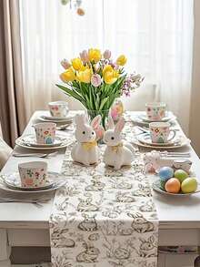 1pc Easter Table Runner | Square Table Runner With Rabbit And Egg Patterns, Farmhouse Style, Suitable For Indoor And Outdoor Use In Spring, Great For Home Kitchen Decor - Beige - View 3