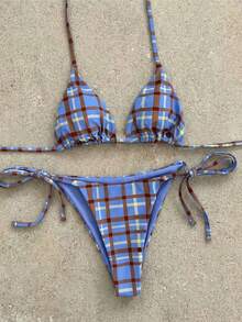 Blue Brown Plaid Triangle Cup Side Tie Two Pieces Bikini Set, Sexy And Elegant Women's Summer Leisure Beach Vacation Pool Party Fashionable Swimwear - Multicolor - View 3