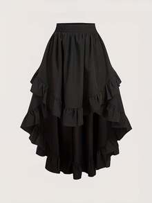 Falda midi negra de estilo gótico con volantes asimétricos, cintura elástica y vuelo, ideal para festivales de música, exhibiciones y salidas de verano, versátil y de línea A, para primavera - Negro - Ver 1
