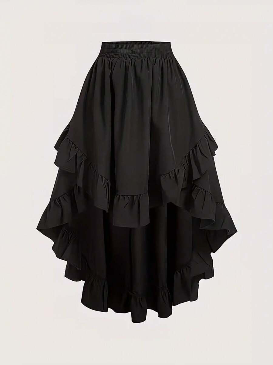 Falda midi negra de estilo gótico con volantes asimétricos, cintura elástica y vuelo, ideal para festivales de música, exhibiciones y salidas de verano, versátil y de línea A, para primavera - Negro - Ver 1