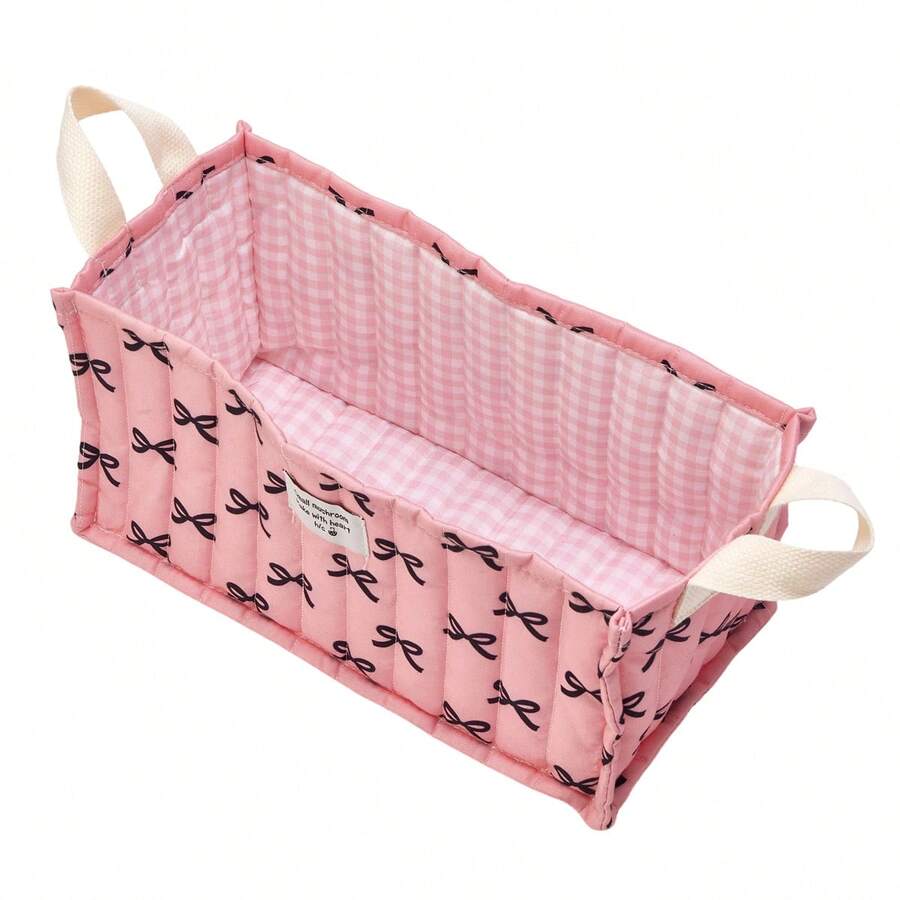 Quilted Storage Basket With Handle Cute Bow Organizer Container Fabric Desktop Storage Box Storage Case For Gift Home Room Office Decor - Black - View 1