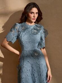 Women's Elegant Floral Applique Back Zipper Flared Dress Summer - Dusty Blue - View 4