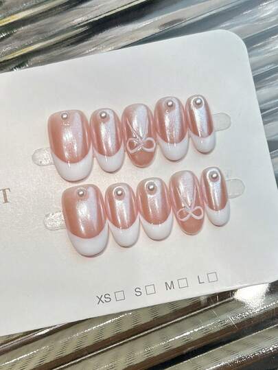 10pcs Handmade Nails Oval Nails Acrylic Press On Nails Short, Minimalism Pink Nails, Solid Color, White French Tip Nails Bow Pearl Inlaid, Aurora Powder, Chrome Nails, Hailey Nails, Edgy Elegant Simple Autumn Nails, Fall Press On Nails, Winter Fake Nails, Valentine's Day Nails, Minimalist Aesthetic, Party Daily & Dating Use Beach Tropical Getaway Suitable,DIY False Nail Art Suitable For Women & Girls As Gift Nail Supplies