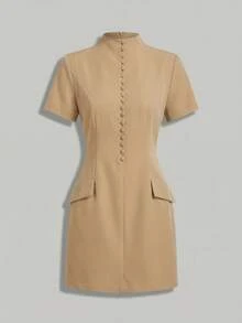 Vestido de blazer formal de negocios elegante con cintura ceñida, adecuado para uso diario, oficina, viajes de verano - Caqui - Ver 7