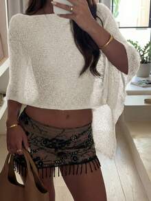 MORI 2026 Spring/Summer New Women's Elegant Asymmetric Shoulder Knit Shawl, Featuring Delicate Knit Texture, Lightweight Breathable Fabric, Asymmetrical Loose Fit, Suitable For Parties, Dates, Afternoon Tea And Other Occasions, Showcasing A Sexy And Casual Vibe. Autumn Wear, Girlfriend Gathering Outfit, Romantic Date Outfit, Luxurious Casual Style, Fashionable Street Look, Daily Atmosphere Outfit, Early Autumn Layering Piece - Beige - View 3