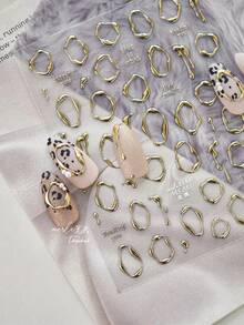 1套5D金属美甲贴纸，不对称圆形水滴丝带，心形文字，美甲贴纸DIY美甲时尚配饰 - 金色 - 查看 4