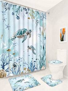 Set Tirai Mandi Motif Penyu Laut 1/4 buah, Dekorasi Kamar Mandi Gaya Pantai Laut Biru & Hijau, Tirai Mandi Poliester Tahan Air Ukuran 70,8*70,8 Inci dengan 12 Pengait - A - View 21