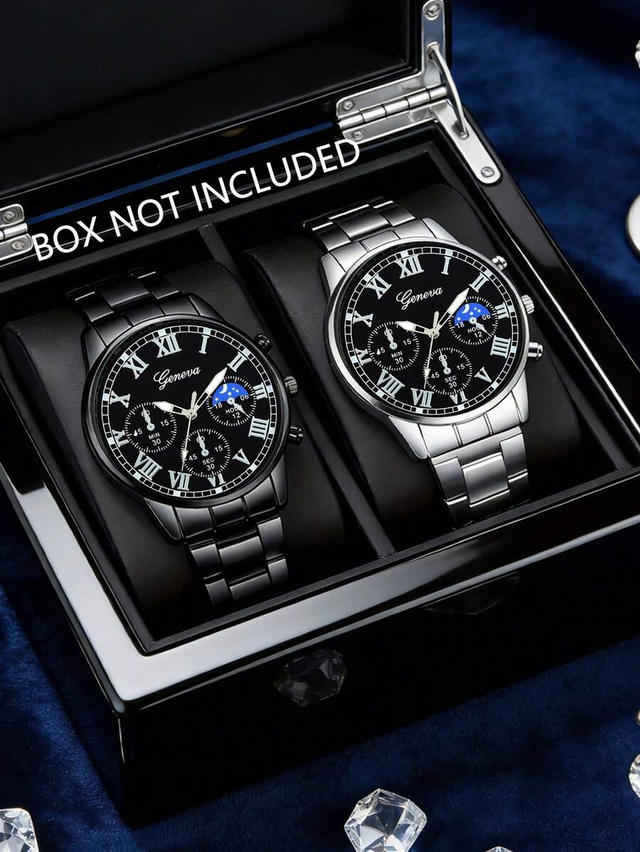 两件套时尚商务男士石英表套装，包含一枚蓝黑镂空表盘石英表，搭配黑银金属表带和蓝色圆点刻度。这款时尚靓丽的腕表适合工作、商务会议及各种场合佩戴。