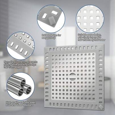 Nắp cống thoát sàn phòng tắm bằng thép không gỉ 304 có lưới lọc tóc, ngăn ngừa tắc nghẽn.
