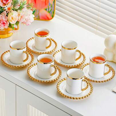 6件套100毫升+4.5英寸陶瓷杯碟，电镀金设计，奢华简约风格咖啡/茶具套装，适用于办公室、客厅、厨房，亦可作为礼品。