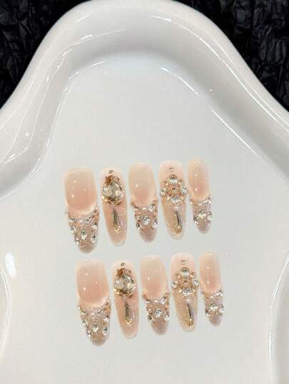 10 piezas de uñas postizas de color rosa dorado con cristales de rinoceronte, uñas falsas de lujo hechas a mano con brillantes cristales para uso en fiestas y bodas