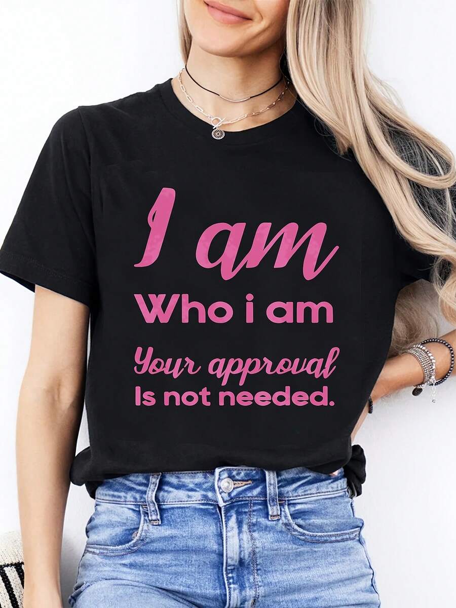 New Women'S Fashion Short-Sleeve Casual Crewneck T-Shirt| I Am Who I Am Your Approval Is Not Needed| Women'S Confident Slogan Style| Perfect Gift For Family And Friends| Slight Stretch Fabric| Geometric-Pattern - 黑色 - 查看 1