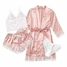 European And American Cross-Border Trade Women's Pajamas Four-Piece Set Plus Size Nightgown Camisole Set Outerwear Homewear Hot  In Stock - Màu đỏ rượu vang - Xem 3