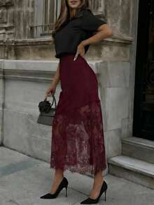 Falda de mujer elegante de unicolor con parches de encaje, primavera - Burdeos - Ver 3