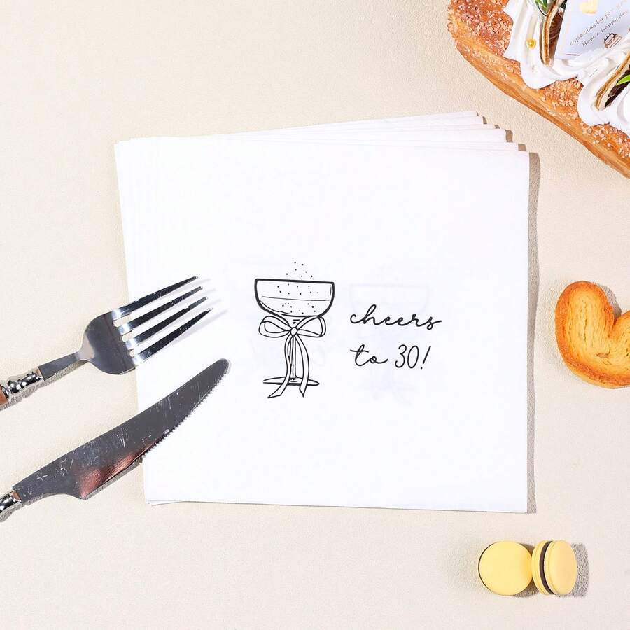 20pcs/40pcs/60pcs Celebration 30th Birthday Party Decorative Paper Napkins, Disposable Paper Napkins With Bow & Wine Glass Pattern, Birthday Party Decorations - Multicolor - View 1