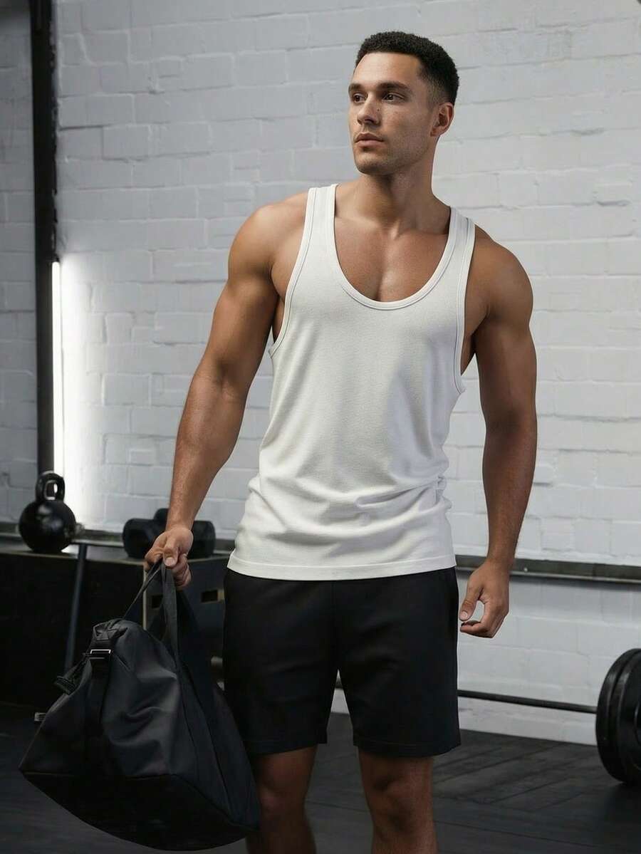 Camiseta de tirantes holgada y casual de verano para hombre, cuello de pico, adecuada para gimnasio, correr, ciclismo, color blanco