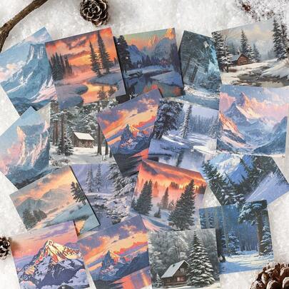 24pcs/Box Winter Landscape Themed Scrapbooking Papers, Vintage DIY Decorative Non-Adhesive Materials, Holiday Gift, Handmade Collage Supplies, Personalized Scrapbook Planning, Creative School Stationery