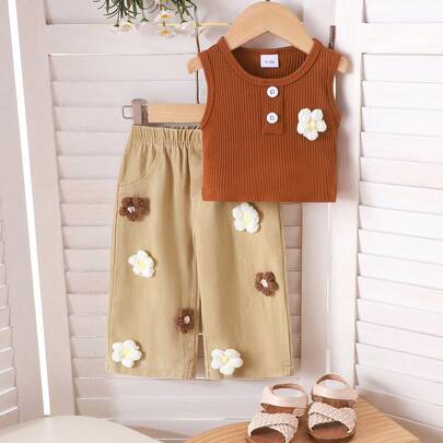 2pcs Baby Girls Street Chic Casual Button Flower Decor Sleeveless Top + Fake Pocket Denim Pants Set, Summer Outfit
