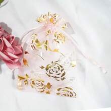 10pcs Gold Foil Rose Pattern Drawstring Organza Bags, Jewelry & Cosmetic Sample Packaging Pouches - Multicolor - View 3