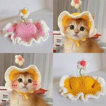 Knitted Pet Hat, Elegant Crochet Cat Hat With Rabbit Ear Ruffled Floral Decor, Suitable For Small/Medium Cats, Soft & Easy To Wear, Great For Birthday, Holiday, Travel, Photo Shoot, Adorable Pet Accessory - Multicolor - View 1