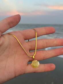 1pc Stainless Steel Waterproof & Fade-Resistant Ocean Beach Shell Pendant Necklace, Suitable For Women's Daily Wear - Shell Flat Snake Chain - View 3