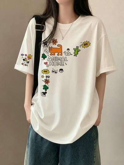 Women's Casual Loose Fit Round Neck Cartoon Letter Print Short Sleeve T-Shirt, Versatile For Spring/Summer