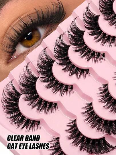  Asiteo 7 Pairs Cat Eye Style False Eyelashes, Transparent Stem, Natural Long Manga Lashes Winged End Eye Elongated Eyelashes , Easy To Apply, Lightweight For Comfort Reusable