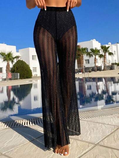 Damen Schwarze Glitzer Transparente Weite Bein Strandüberwurf Hose - Hoher Bund Dehnbare Schwimmhose für Sommer Strand Urlaub & Nachtparty