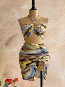 Women's Summer Backless Criss-Cross Strap Camisole Dress, Waist Cutout Design, Adjustable Slit - Perfect For Beach Party, Date Night, Music Festival, Nightclub, Warm Weather Events - Yellow - View 2