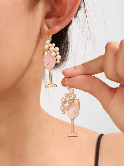 1 Pair Creative Wine Glass & Faux Pearl Earrings, Elegant Jewelry Accessories Perfect For Parties, Holidays, Weddings
