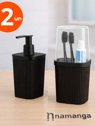 Kit Banheiro Porta Escova e Porta Sabonete Liquido Banheiro Preto Cinza