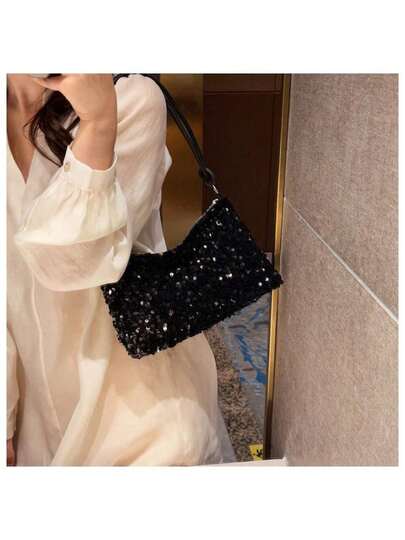 Luxury Sequins Shoulder Bag, Fashion Sparkly Crossbody Bag, Glitter Hot Handbag For Women Party Prom.Popular Bag Women's New Fashion Korean Version Handbag All Shoulder Small Square Bag.1pc Silver Sequins Smooth Zipper Casual Solid Color Handbag, Versatile And Suitable For Women's Daily Use