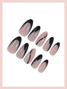 24pcs Medium Almond-Shaped Black & Gold French Manicure Nail Stickers, Glitter Line Minimalist Style Full Coverage False Nails, Suitable For Women's Daily Wear - Multicolor - View 3