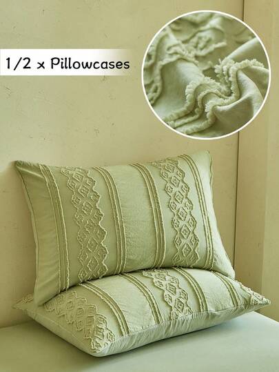 半件装绿色波西米亚风簇绒提花枕套，纯色复古抱枕套，柔软透气，客厅家居装饰，四季皆宜